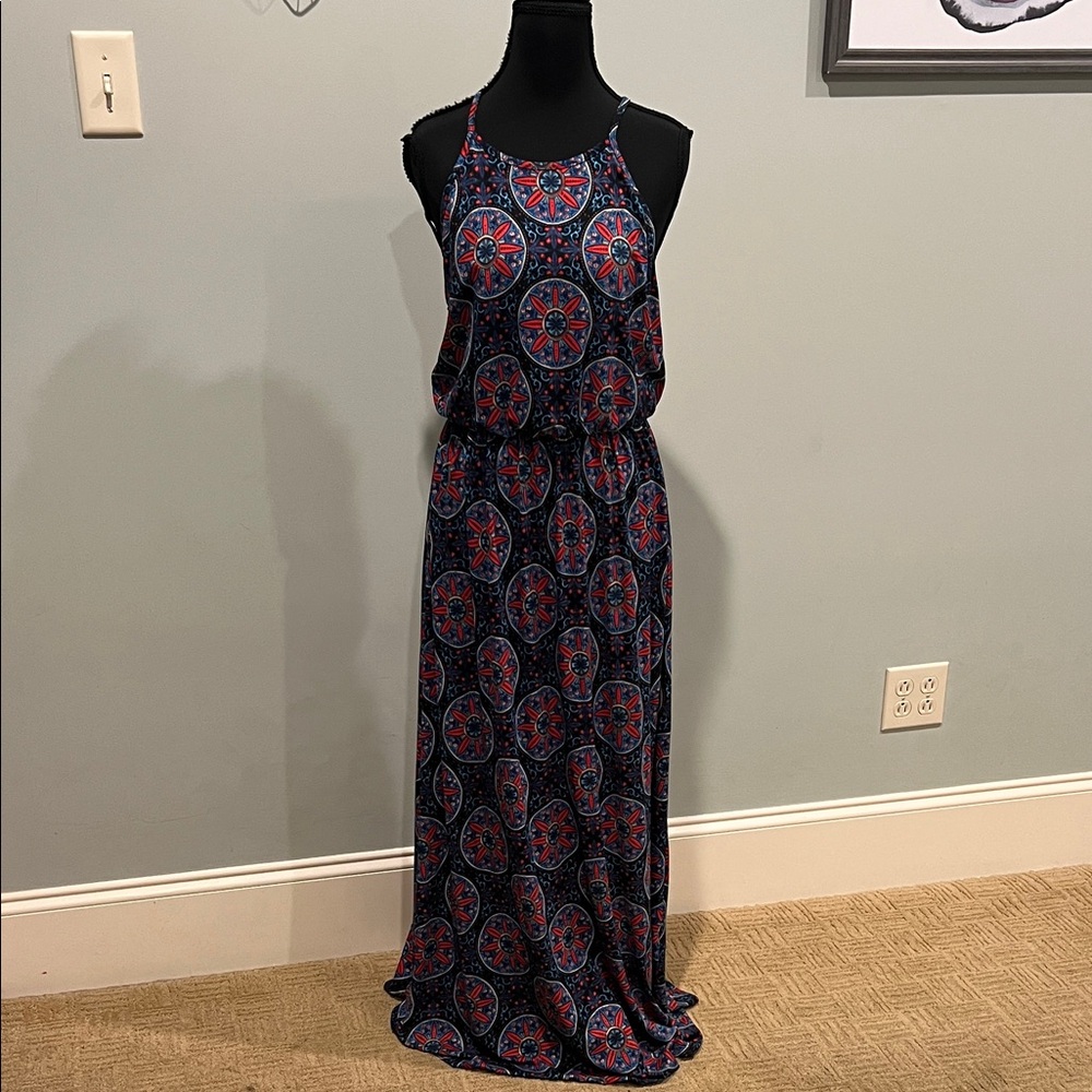 French Grey Blue and Red Patterned Maxi Dress